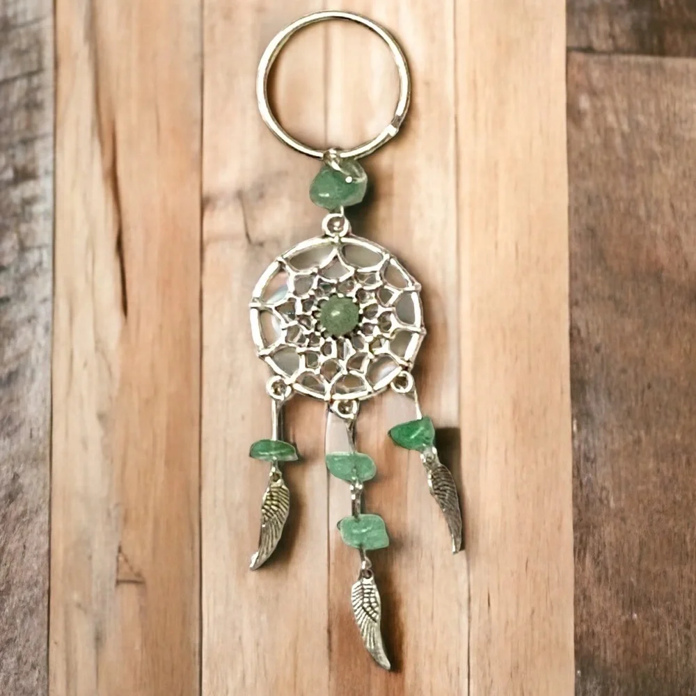 Dream Catcher Keyring Boho Native American Feathers Sea Glass Greens Silver Gift
